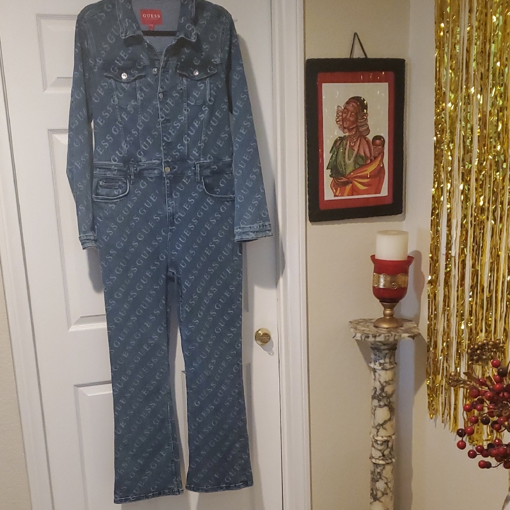 Guess Logo Patterned Denim Suit, Size L